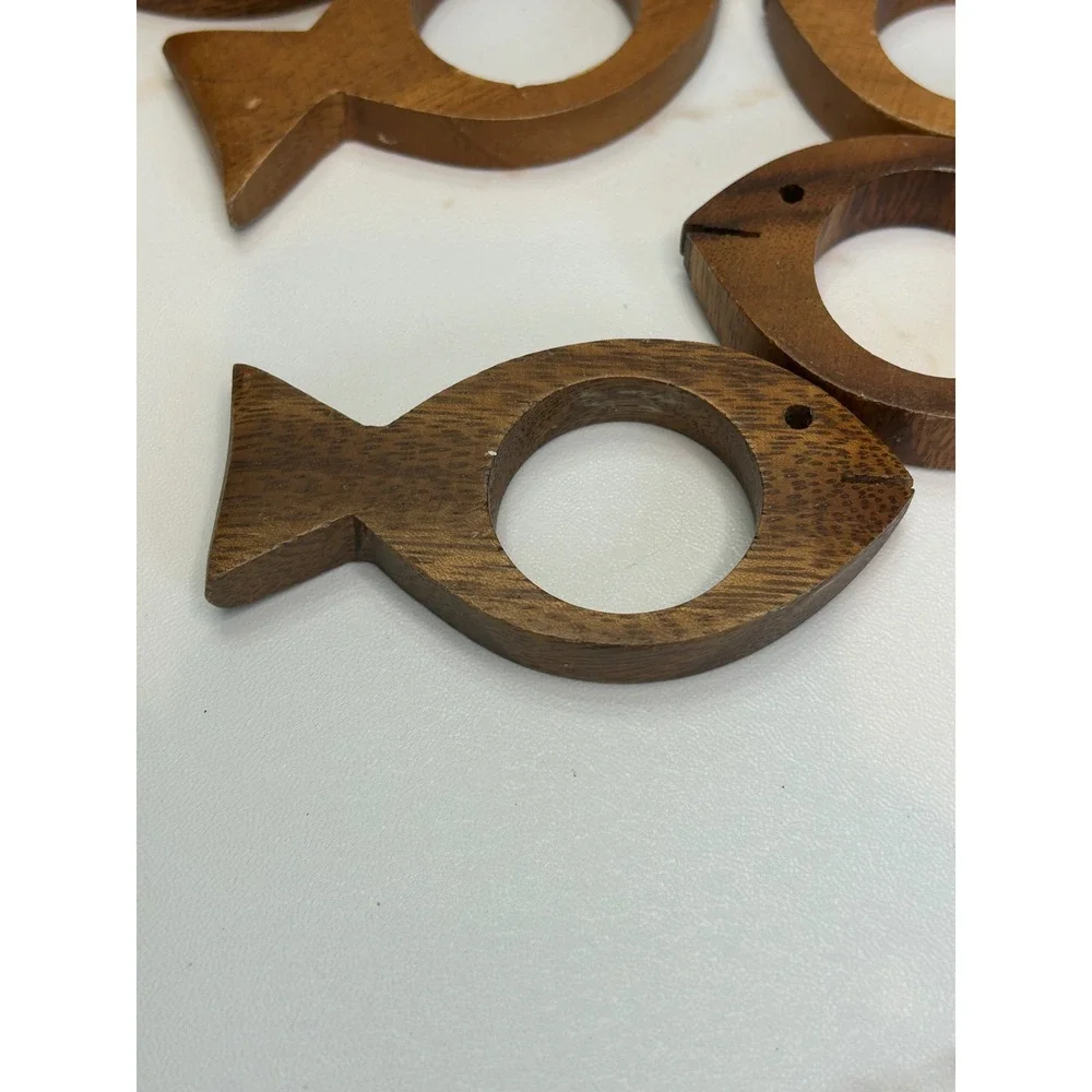 Vintage Wooden Napkin Rings Set of 13 Fish and Geometric Shapes Philippines Wood